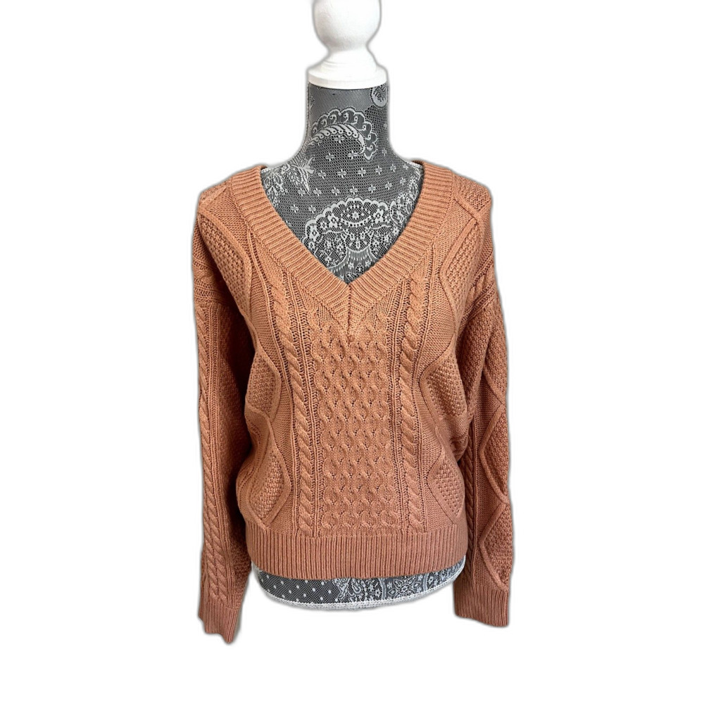 Vici Women's Cable-Knit V-Neck Acrylic Sweater Salmon Large